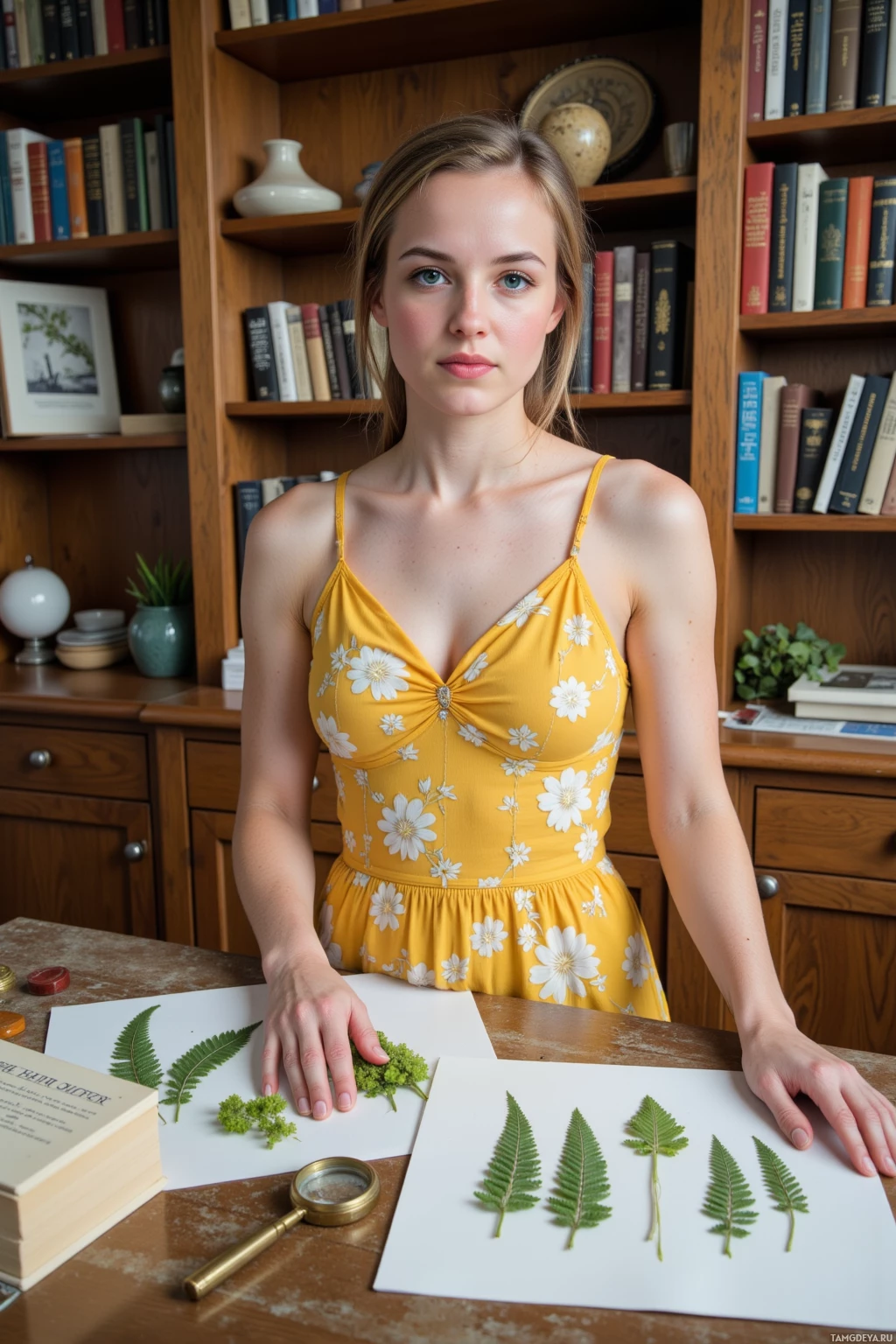 A person in a yellow floral dress stands behind a table with botanical specimens and a magnifying glass.