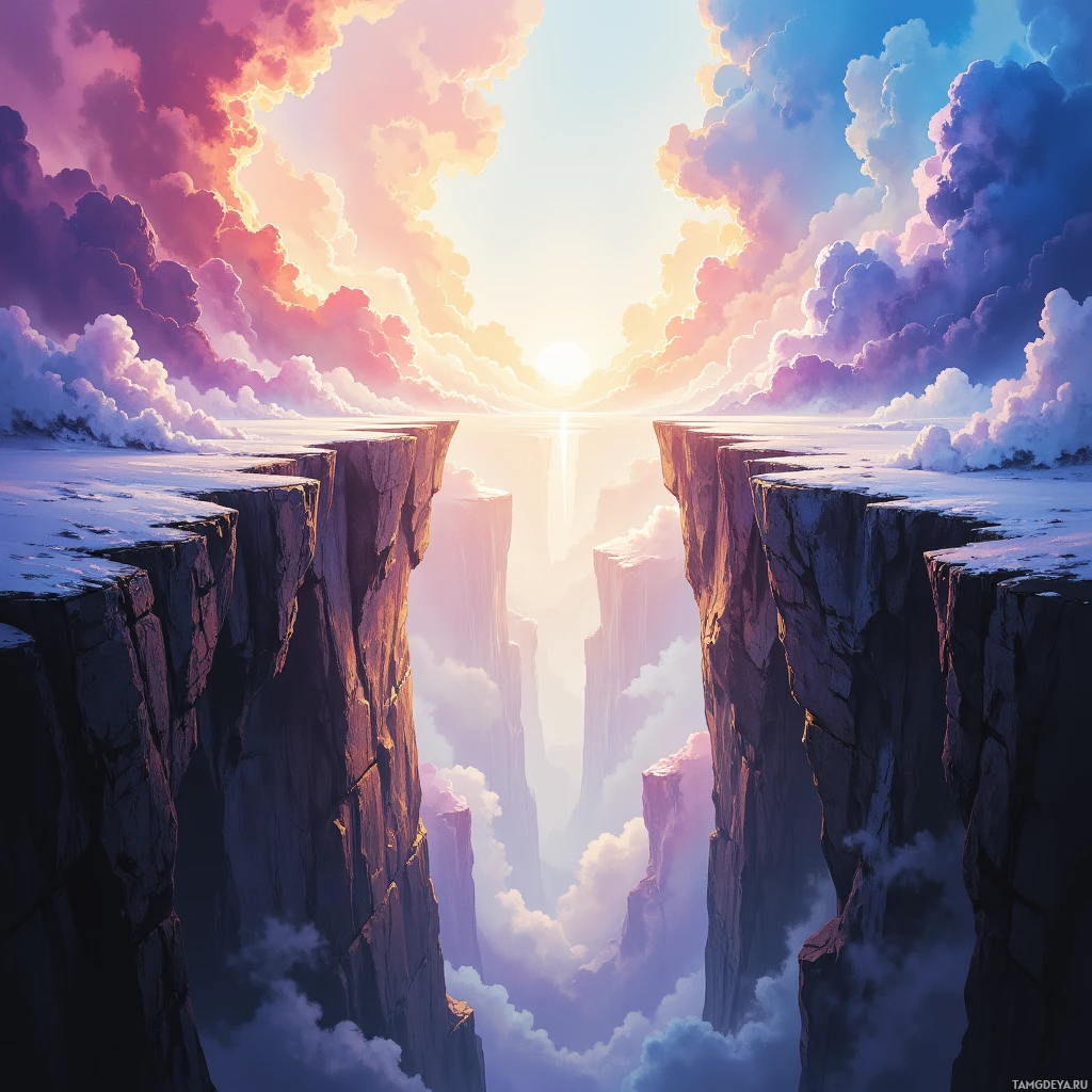 A breathtaking view of towering cliffs with a vibrant sunset or sunrise in the background.