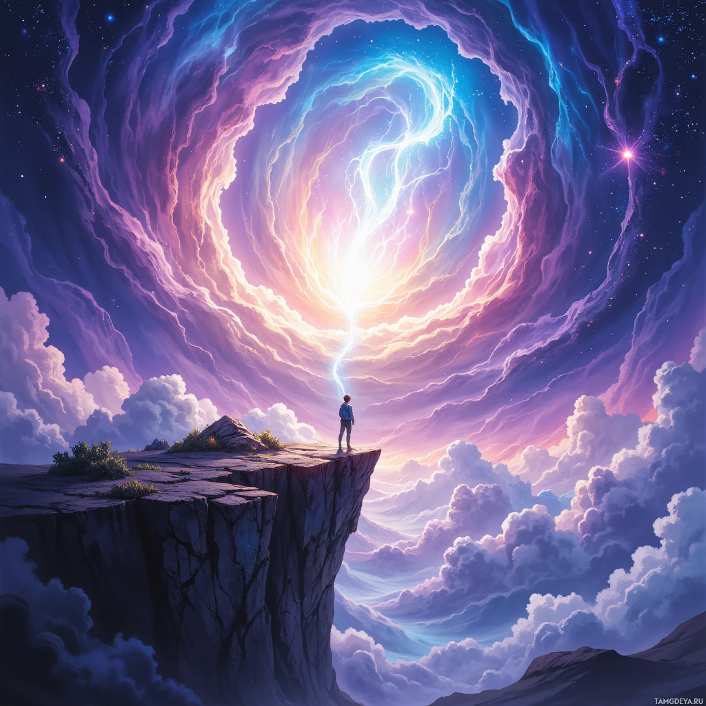 A person stands on a cliff overlooking a vibrant, swirling sky with a bright light source at the center.