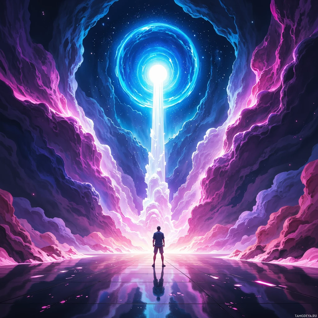 A person stands at the entrance of a glowing portal surrounded by vibrant, cosmic clouds.