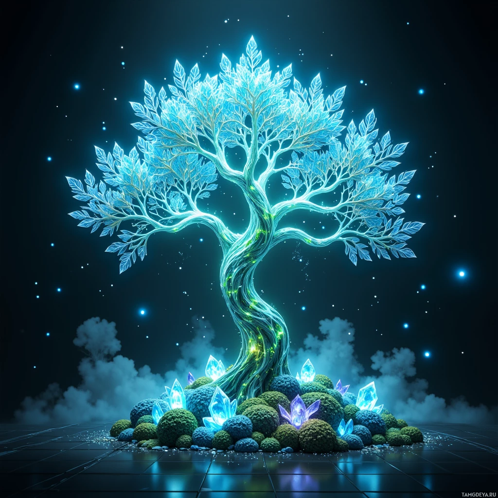 A glowing blue tree with intricate branches and sparkling crystals at its base stands against a starry night sky.