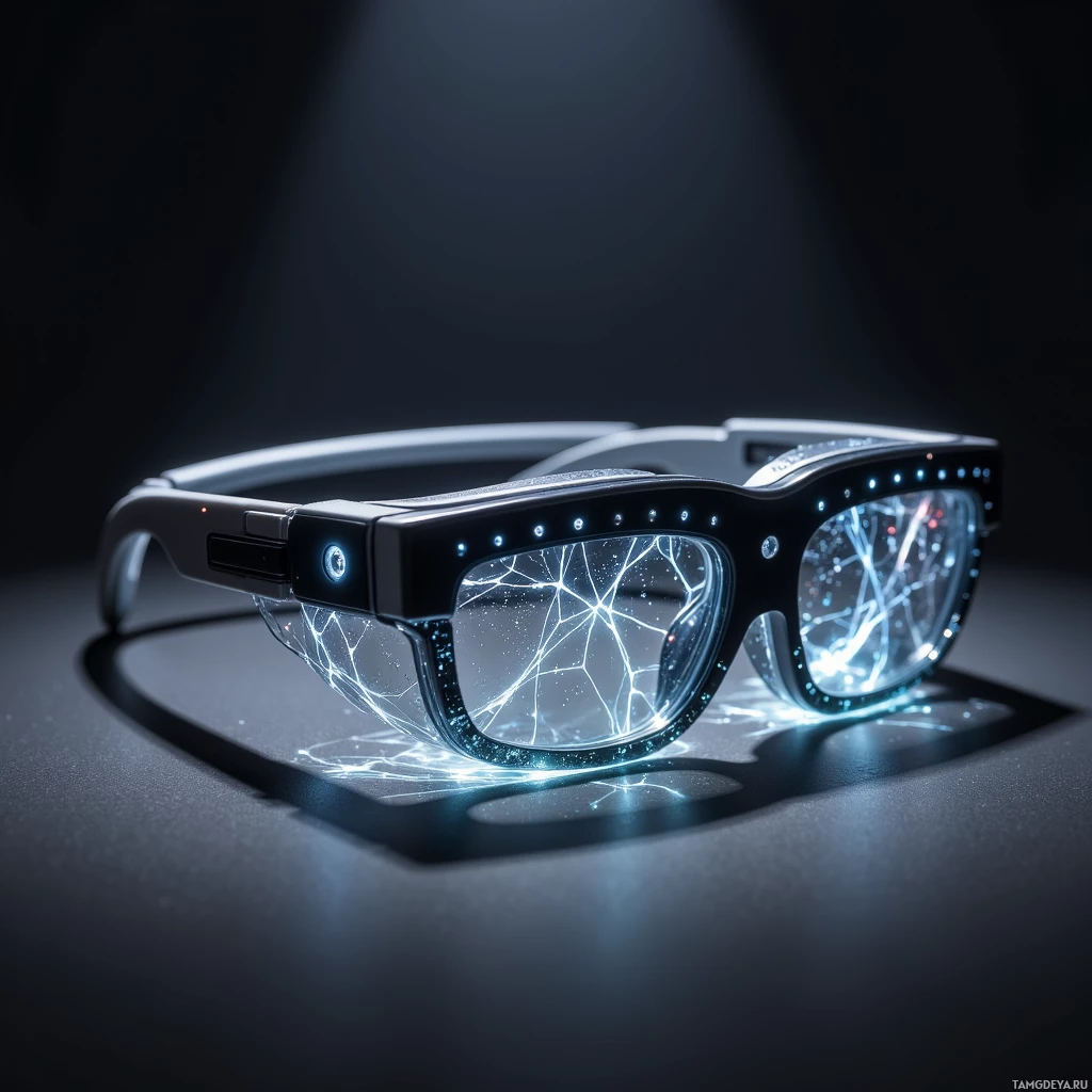 A futuristic pair of glasses with glowing blue lines and lights.