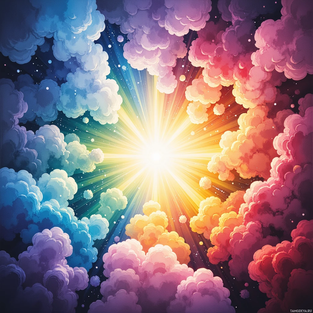A vibrant, colorful burst of light radiates through a cloud-filled sky.