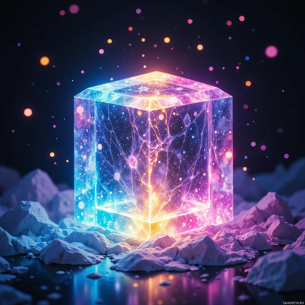 A glowing, multicolored cube emits light and energy, surrounded by rocks and a starry background.