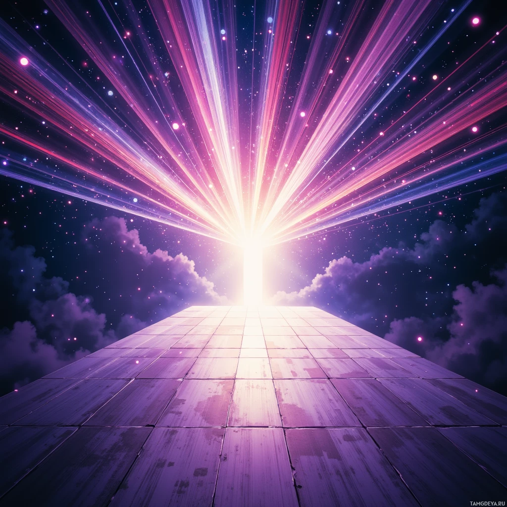 A radiant light beam ascends from a tiled platform against a starry night sky.