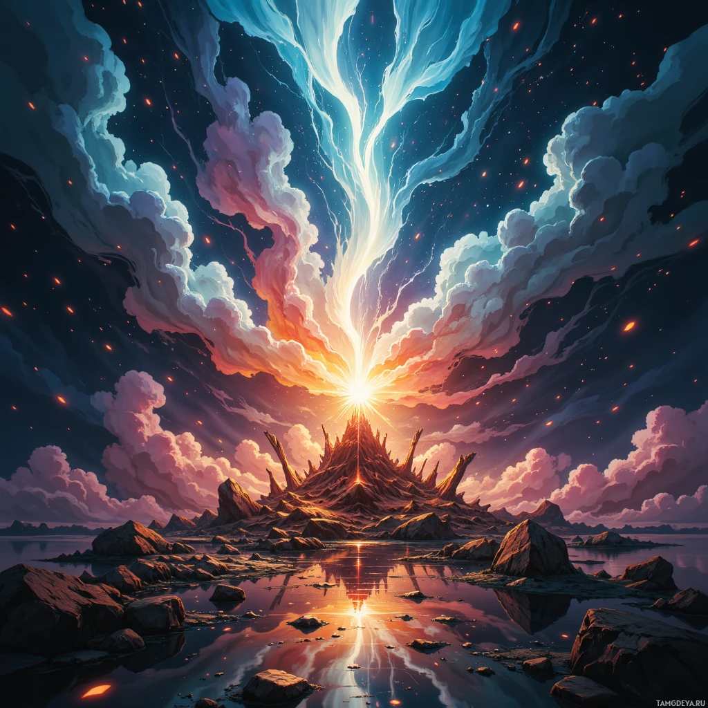 A fantastical landscape featuring a glowing, mountainous structure surrounded by rocky terrain and a vibrant sky with streaks of light.