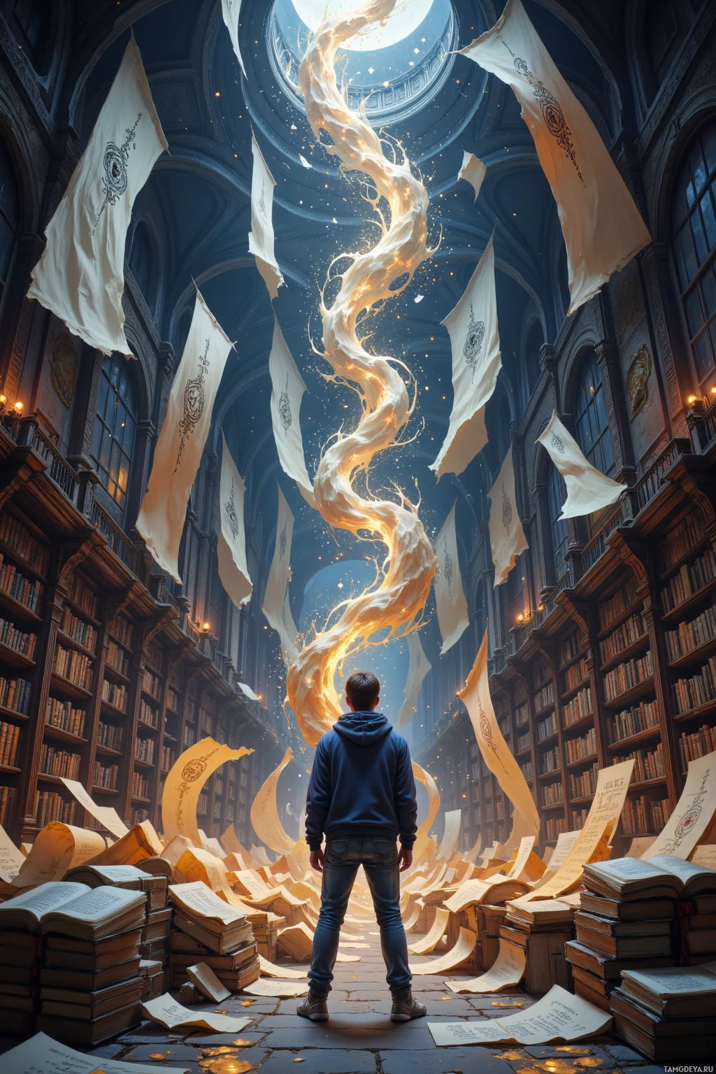 A person stands in a grand library with books and scrolls swirling around them.