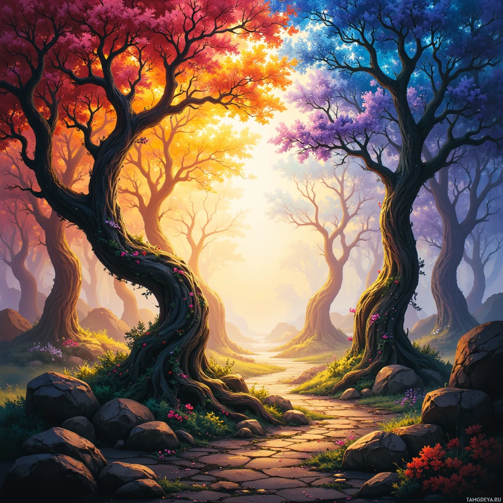 A vibrant forest scene with colorful trees and a winding path leading into the distance.