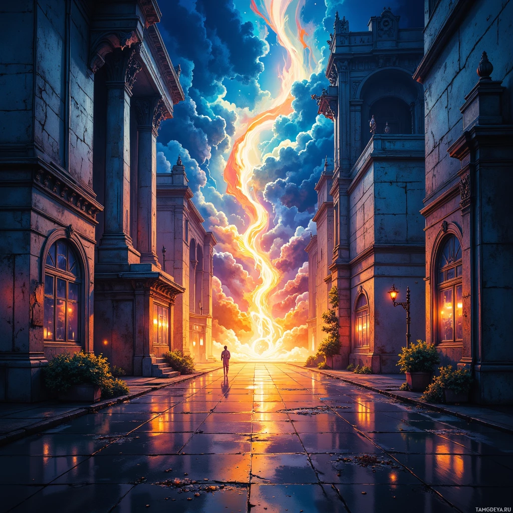 A person walks down a wet street lined with classical architecture under a vibrant sky with a glowing, colorful light beam.