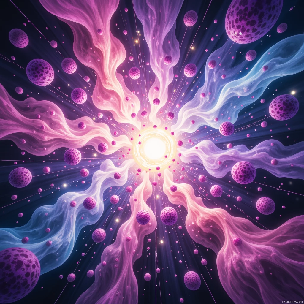 A vibrant cosmic scene featuring swirling pink and blue gases, glowing orbs, and a bright central light.