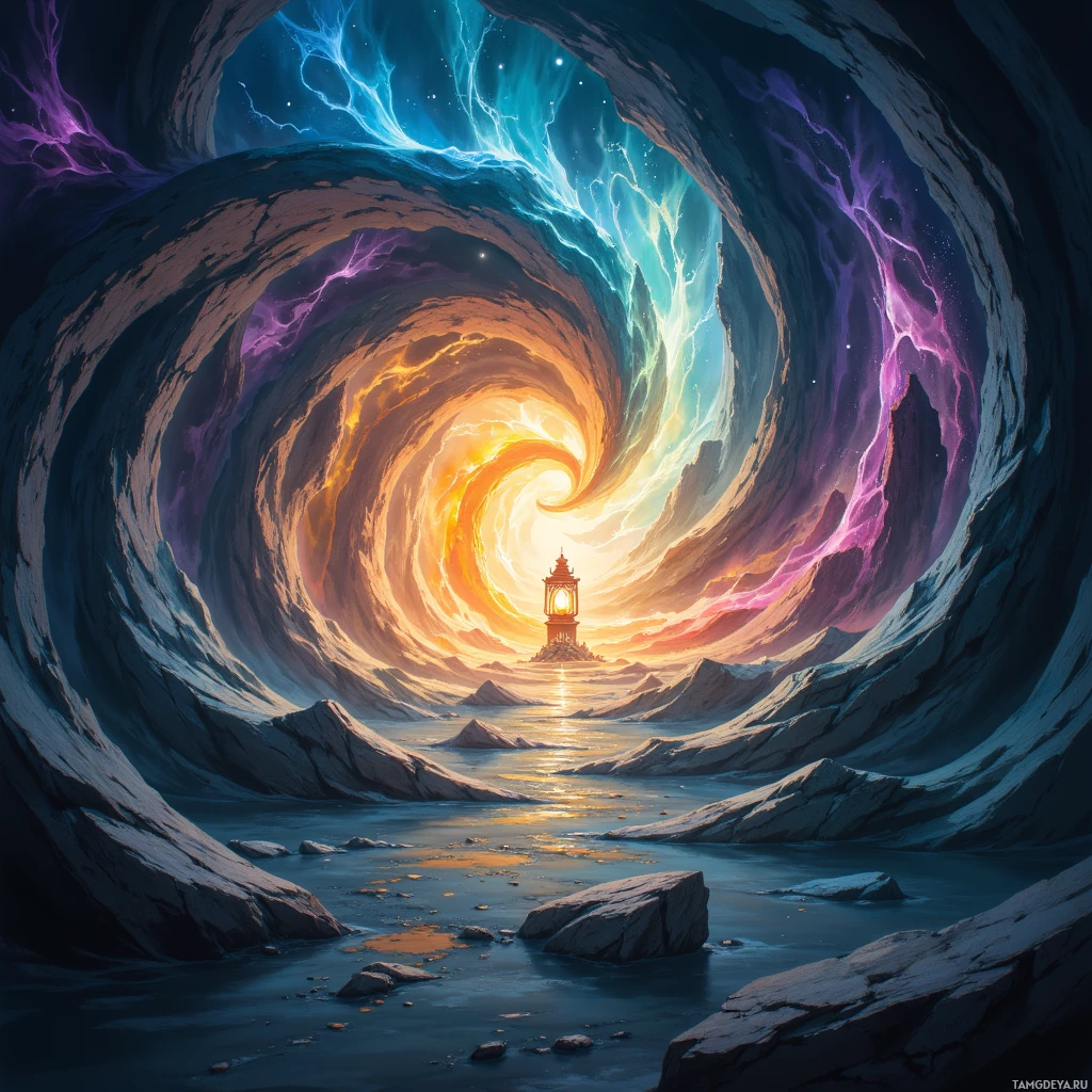 A fantastical scene featuring a glowing lantern at the end of a tunnel with swirling colors and rocky terrain.