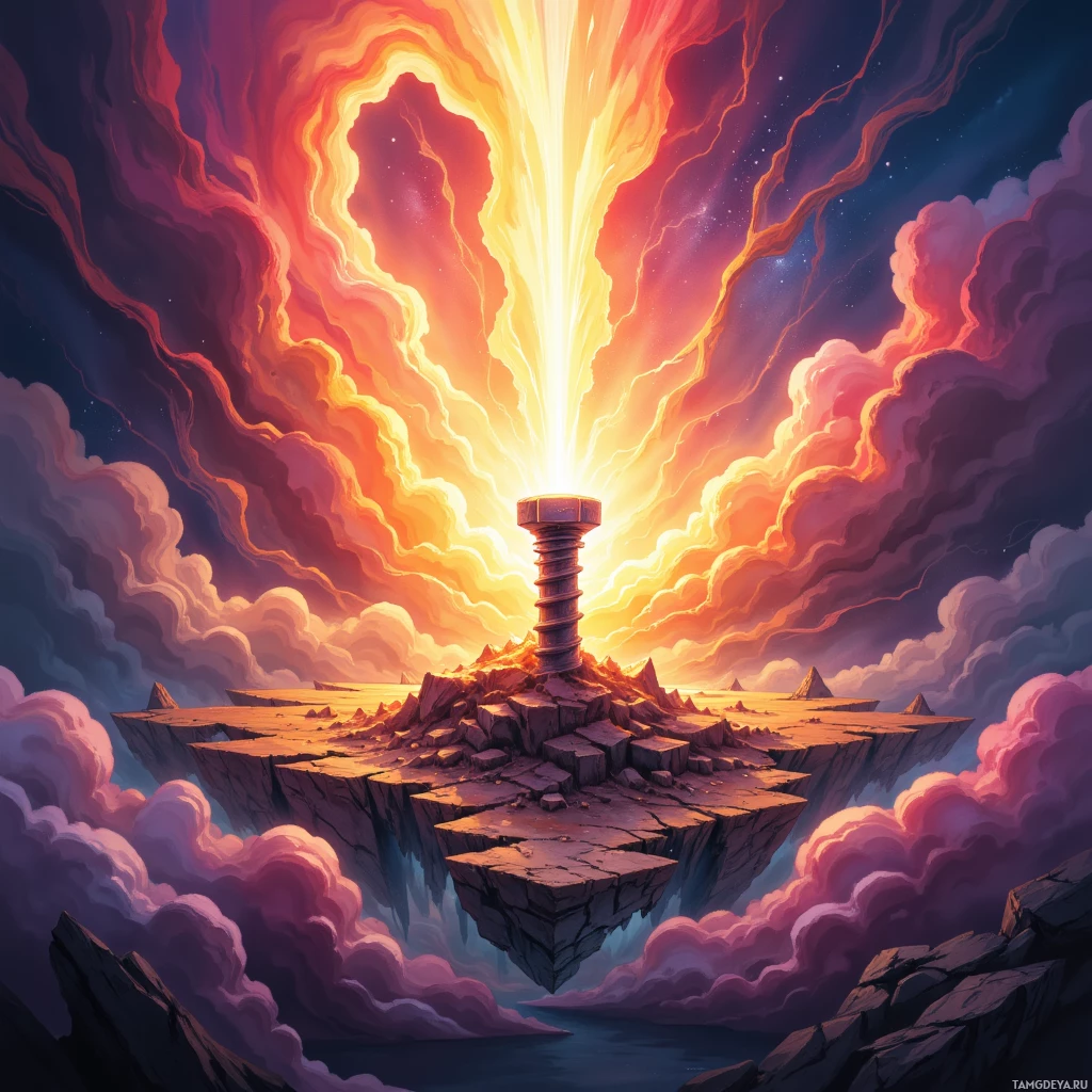 A glowing structure rises from a floating island amidst swirling clouds and vibrant hues in the sky.