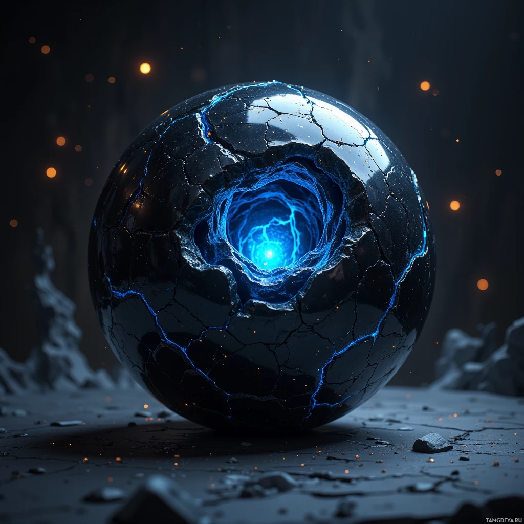 A cracked, glowing blue sphere with a tunnel-like interior emitting light.