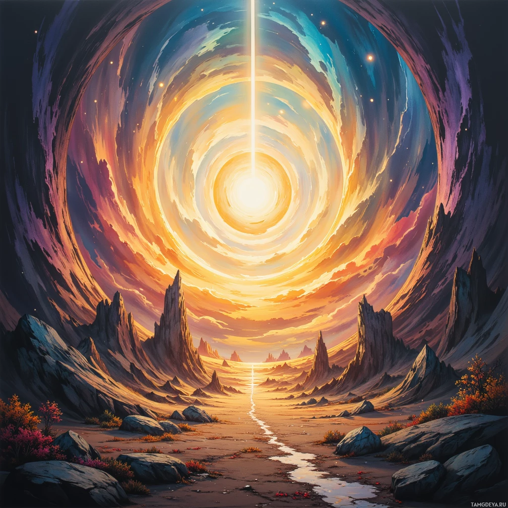 A surreal landscape with a glowing, swirling vortex in the sky and rocky terrain below.