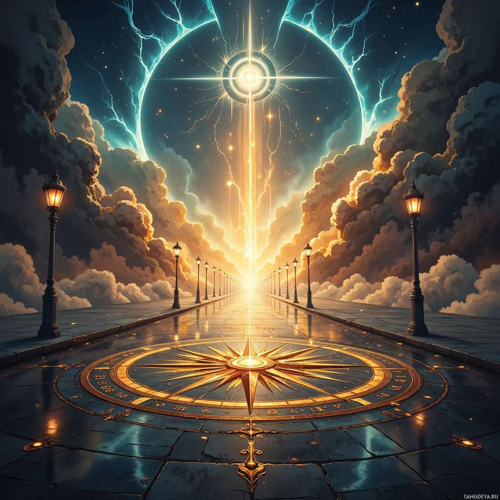 A mystical pathway lined with lampposts leads towards a radiant, glowing portal in the sky.