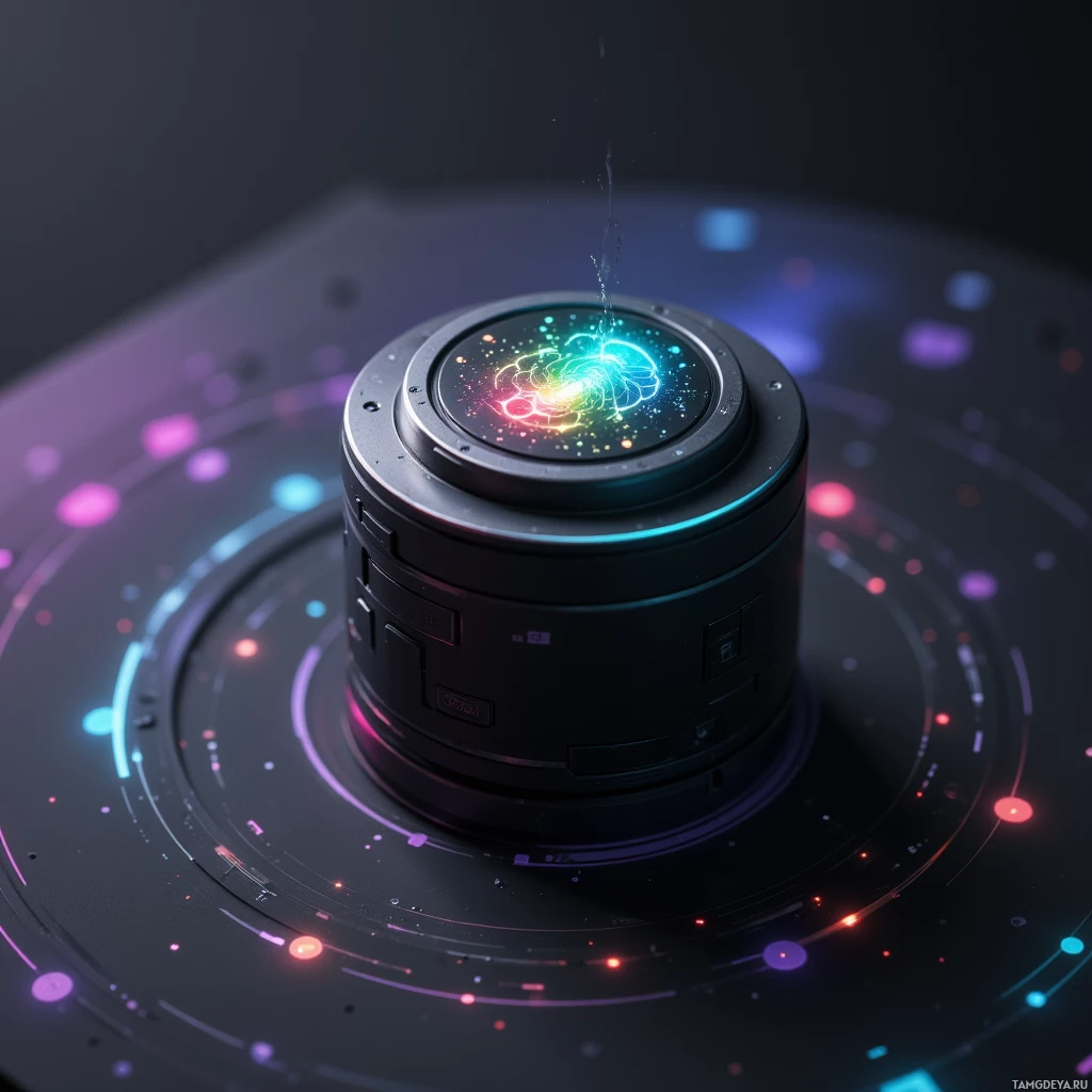 A futuristic device with glowing colors and intricate patterns on its surface is shown in close-up.