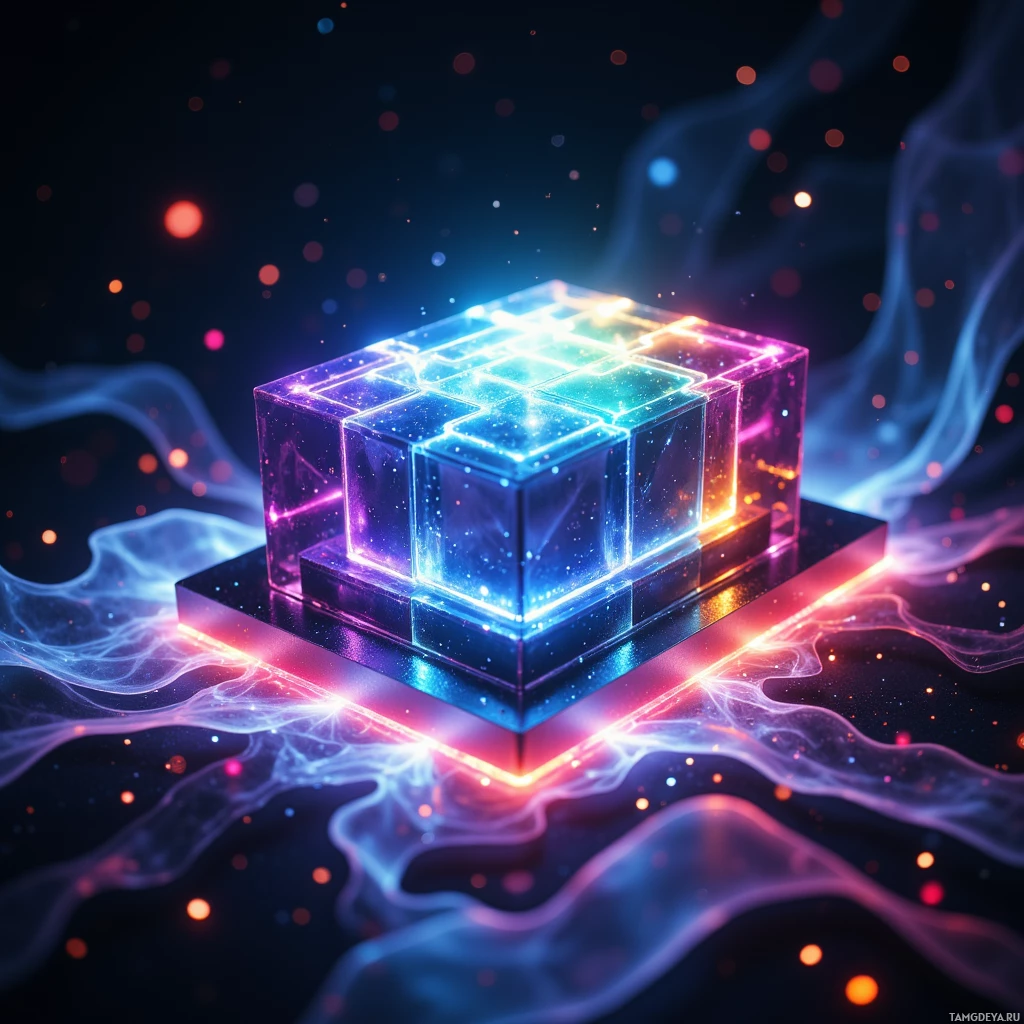 A glowing, multi-colored cube with a black base, surrounded by swirling light effects against a dark background.
