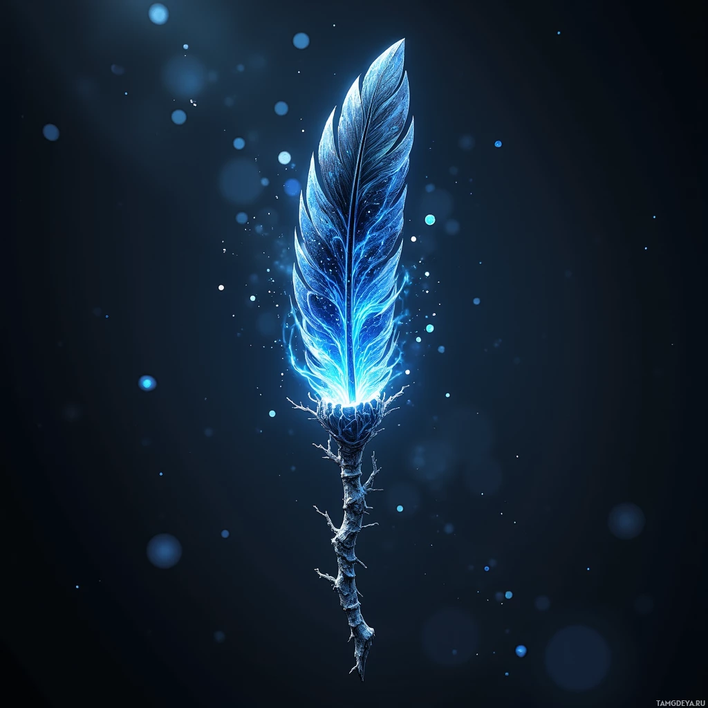A glowing blue feather with intricate details and a dark background.