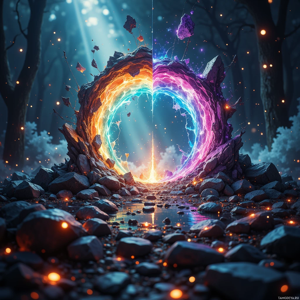 A mystical portal with glowing edges and debris around it in a forest setting.