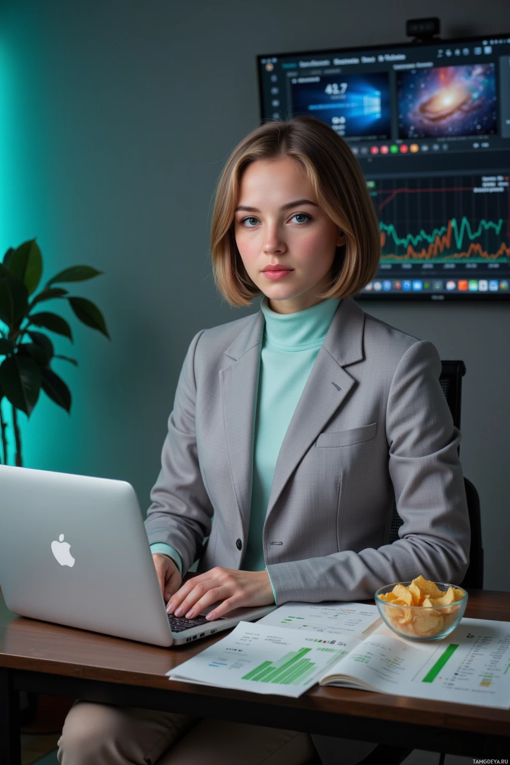 A person in a professional setting is working at a desk with a laptop, documents, and a bowl of snacks.