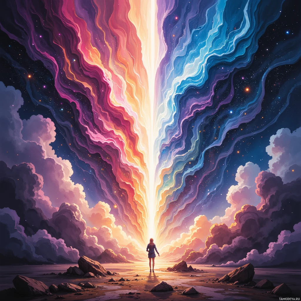 A person stands on a rocky beach under a vibrant sky with swirling colors and a bright light source at the horizon.