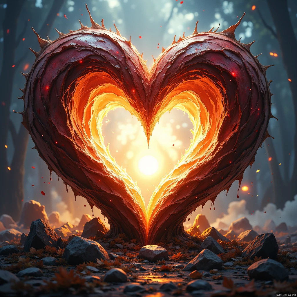 A fiery heart-shaped structure with glowing edges stands amidst rocks and autumn leaves in a forest setting.