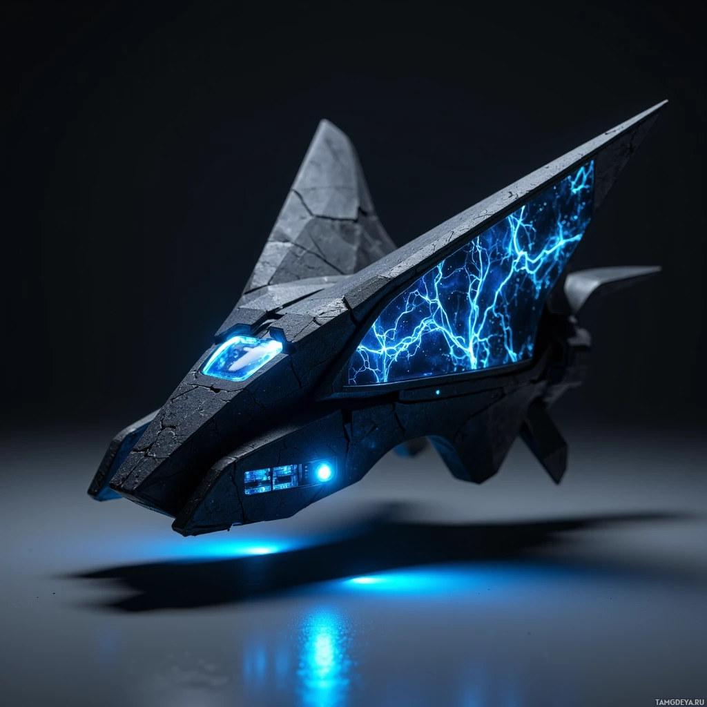 A futuristic, angular spacecraft with glowing blue lights and lightning-like patterns on its wings.