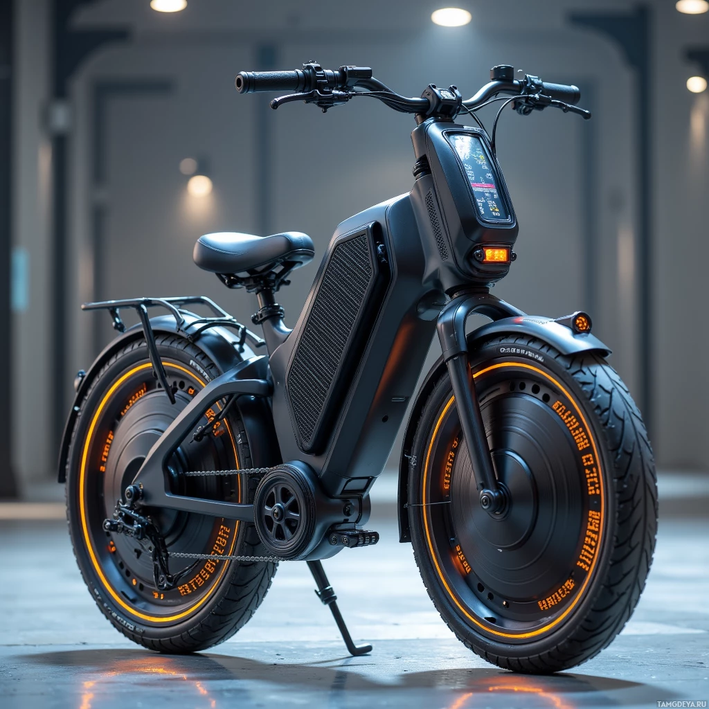A sleek electric scooter with glowing orange accents is parked indoors in a modern setting.