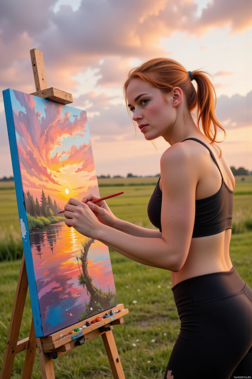 A person paints a vibrant sunset scene on a canvas outdoors.