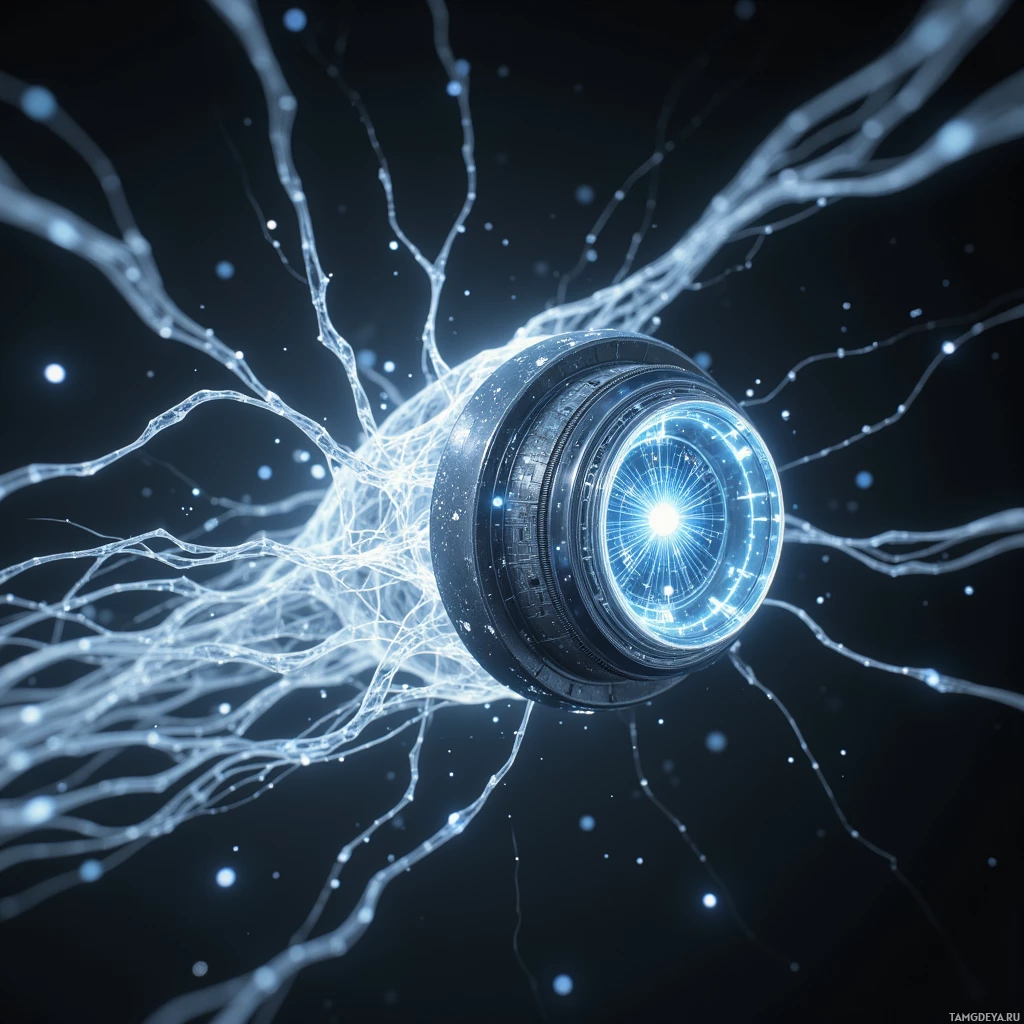 A glowing, futuristic circular object surrounded by intricate, branching light tendrils against a dark background.