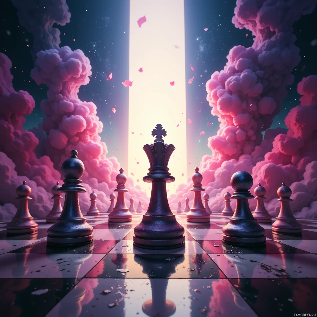 A surreal chessboard scene with a king piece in the center, surrounded by pawns, set against a backdrop of pink clouds and a glowing light.