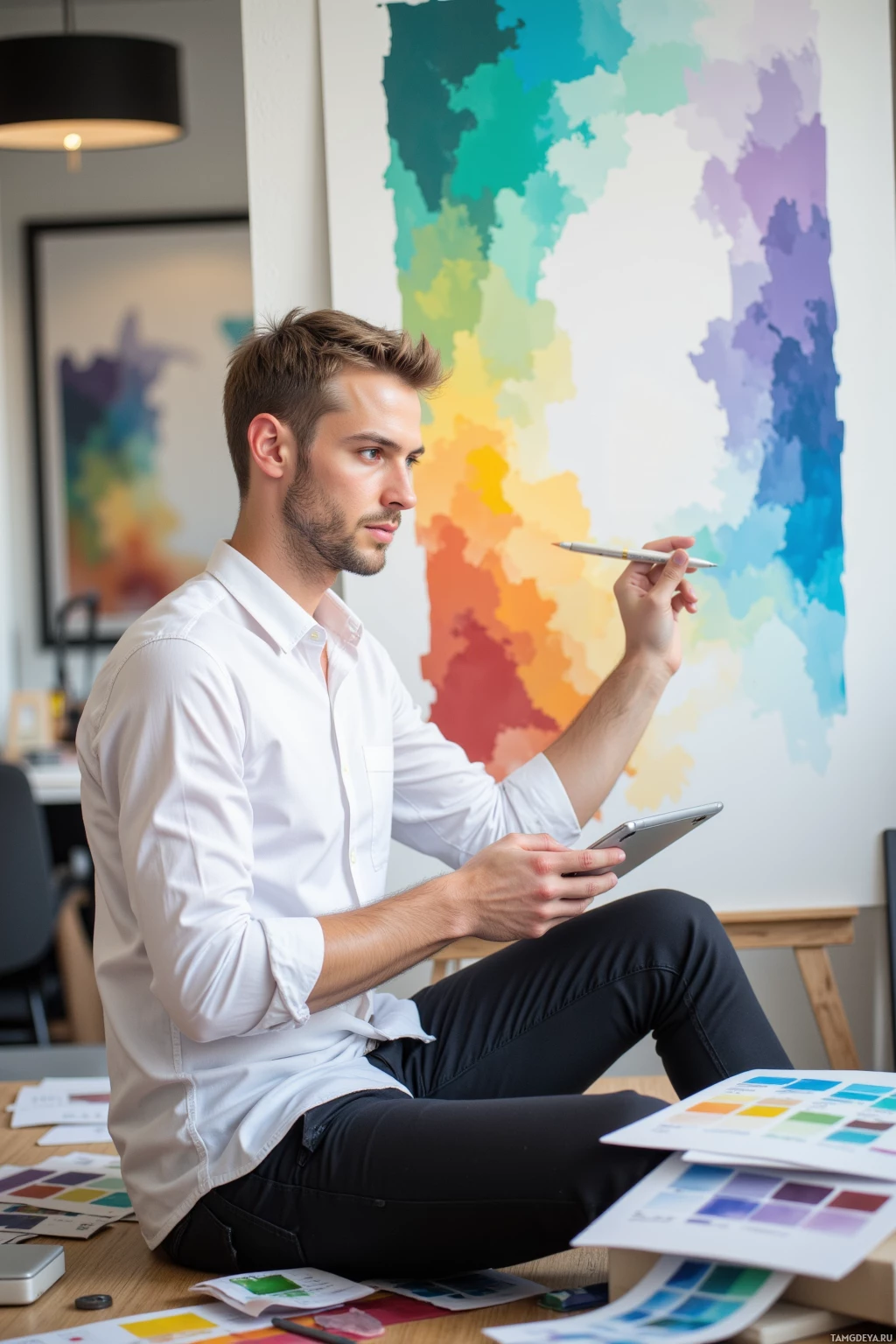 A person is sitting on the floor in front of a colorful abstract painting, holding a pen and tablet, surrounded by color swatches.