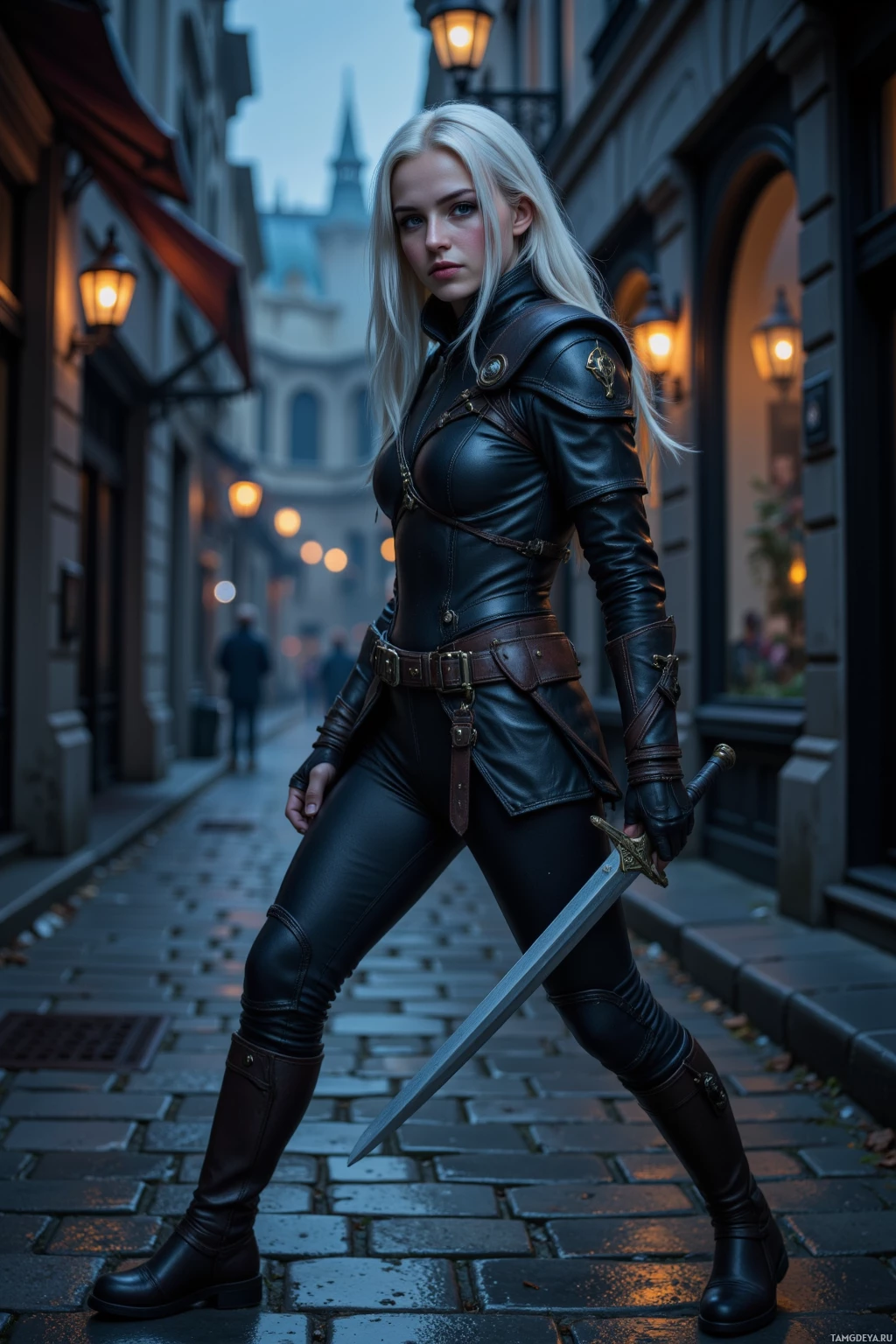 A person in a leather outfit holds a sword on a cobblestone street at dusk.