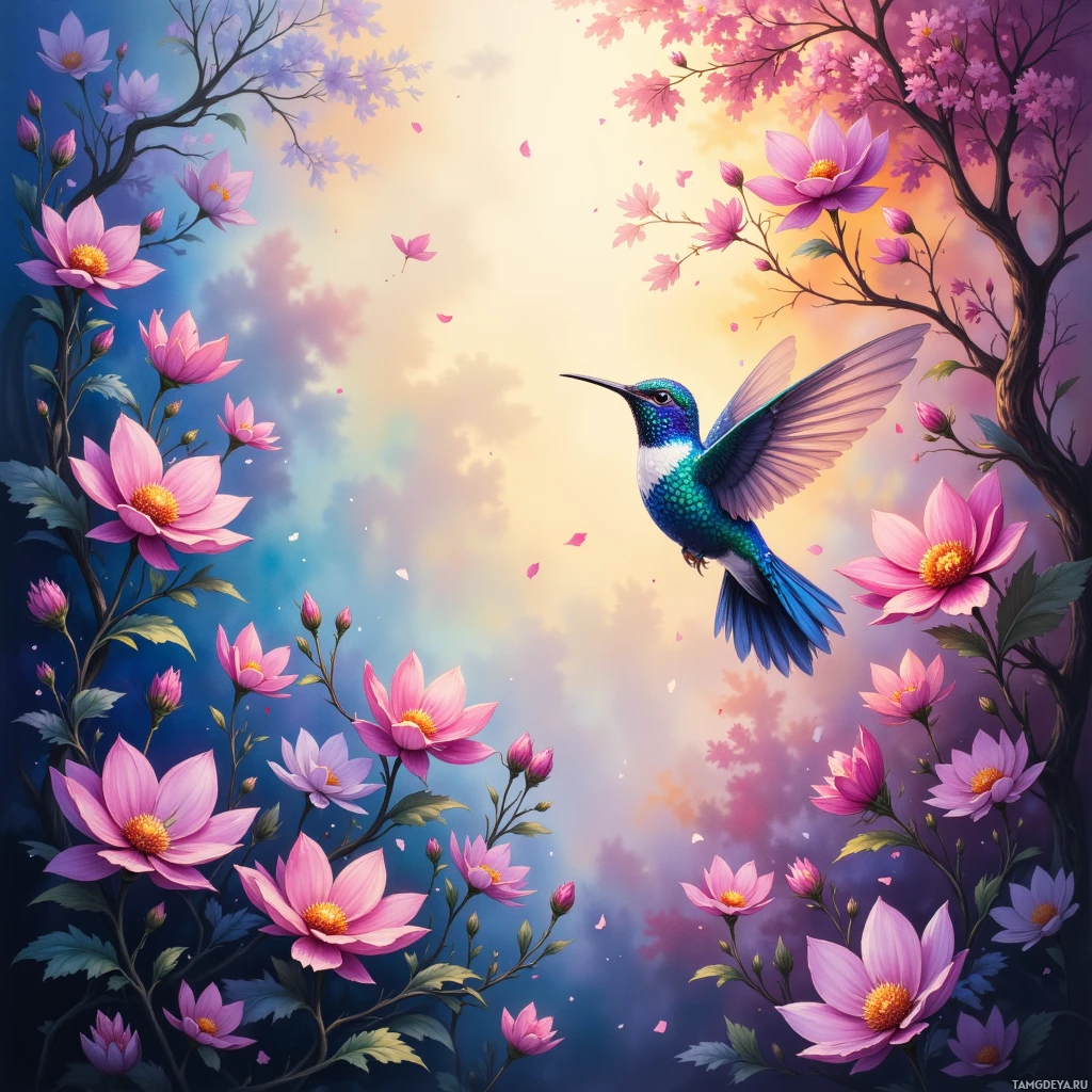 A vibrant hummingbird soars amidst blooming pink flowers against a colorful sky backdrop.