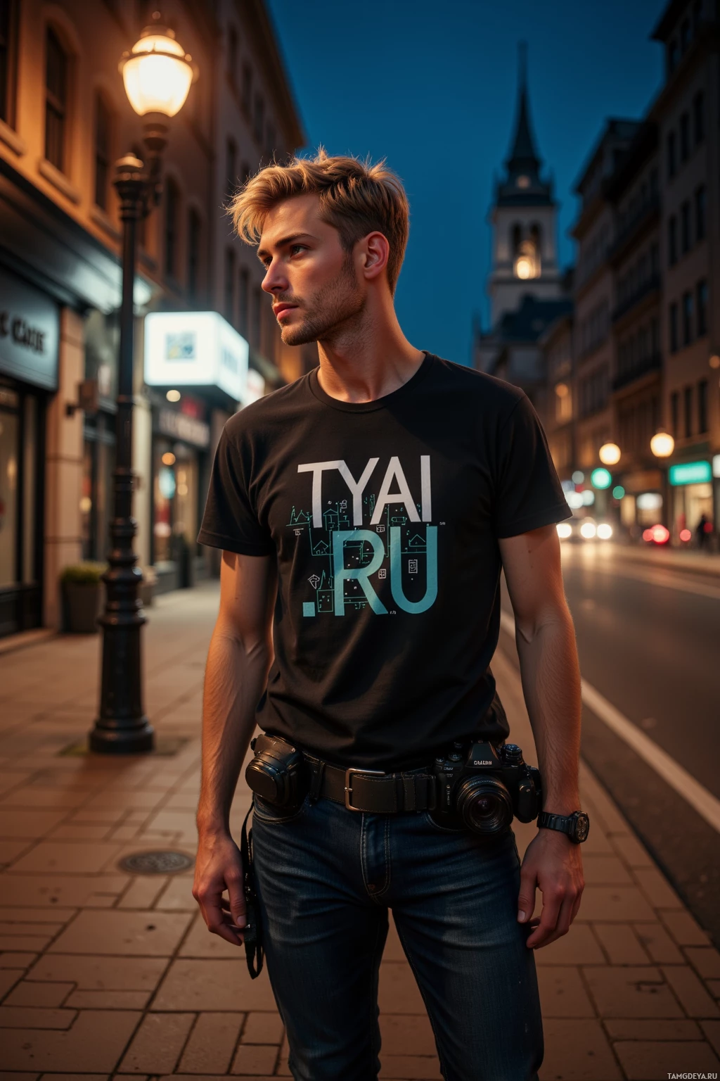 A person wearing a black t-shirt with "TYAI.RU" printed on it stands on a city street at dusk.