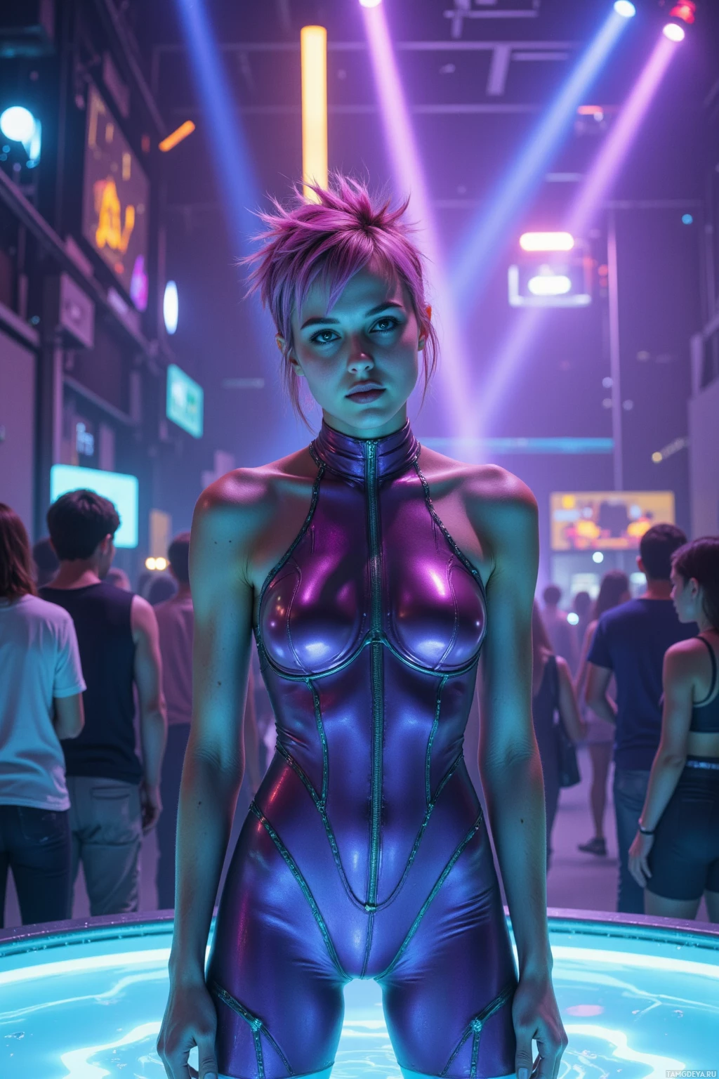 A person in a shiny purple bodysuit stands on a platform with colorful lights and people in the background.