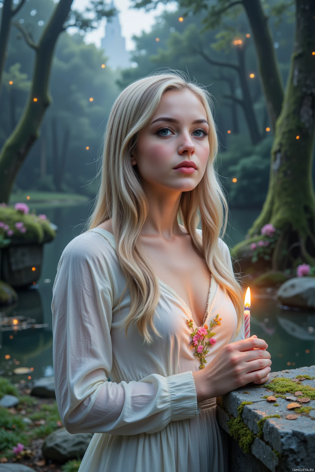 A woman in a white dress holds a lit candle in a serene forest setting.