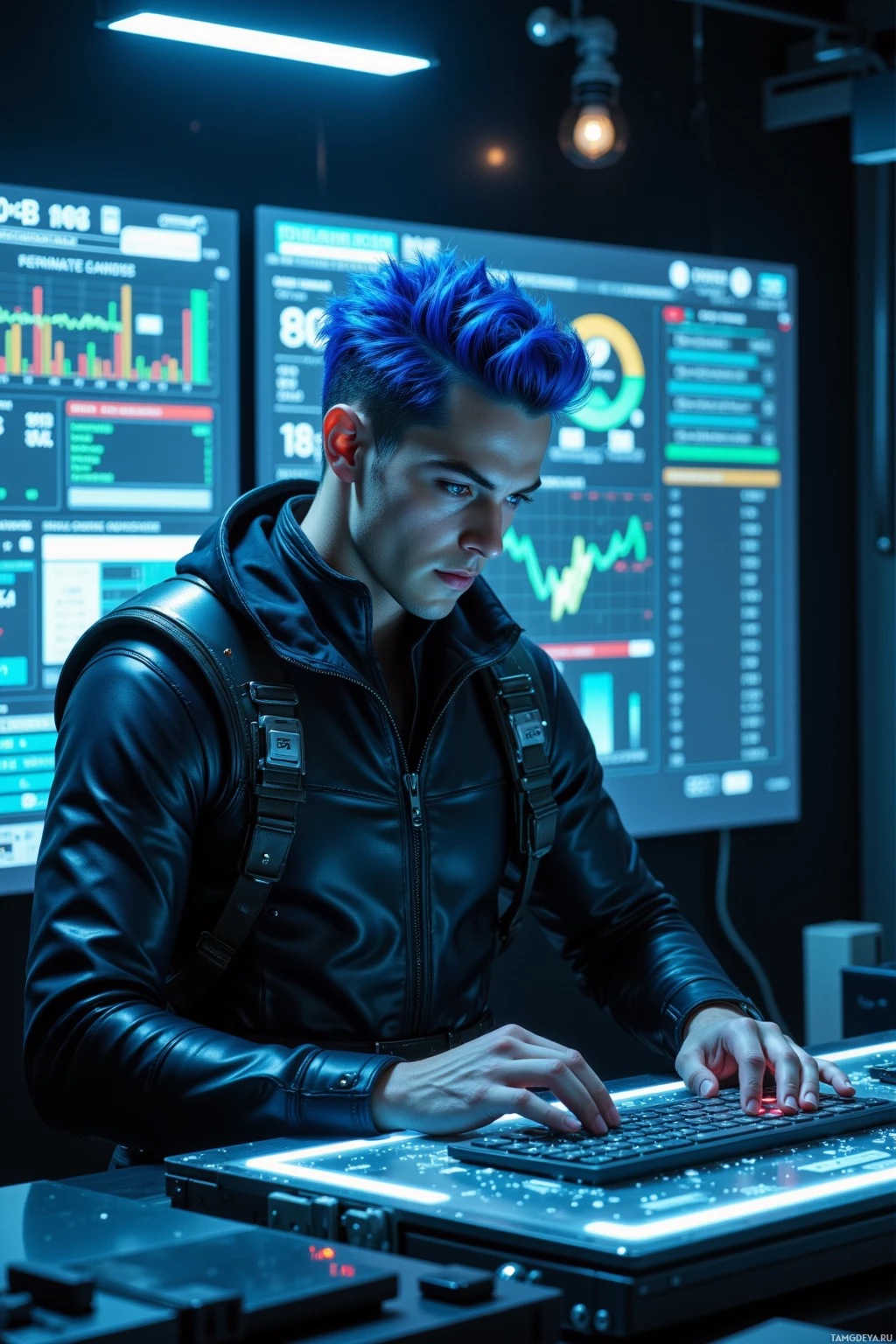 A person with blue hair wearing a black leather jacket is working at a futuristic computer station.