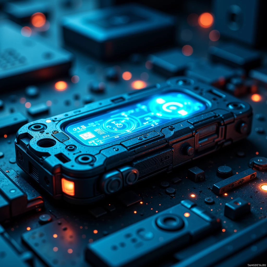 A futuristic handheld device with glowing blue and orange lights on a dark, circuit-like surface.