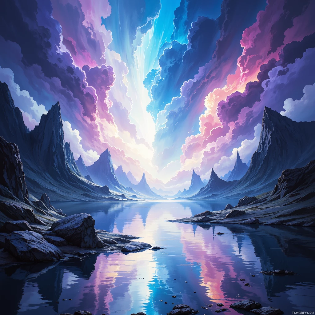 A serene landscape with a calm lake reflecting colorful clouds and towering mountains.