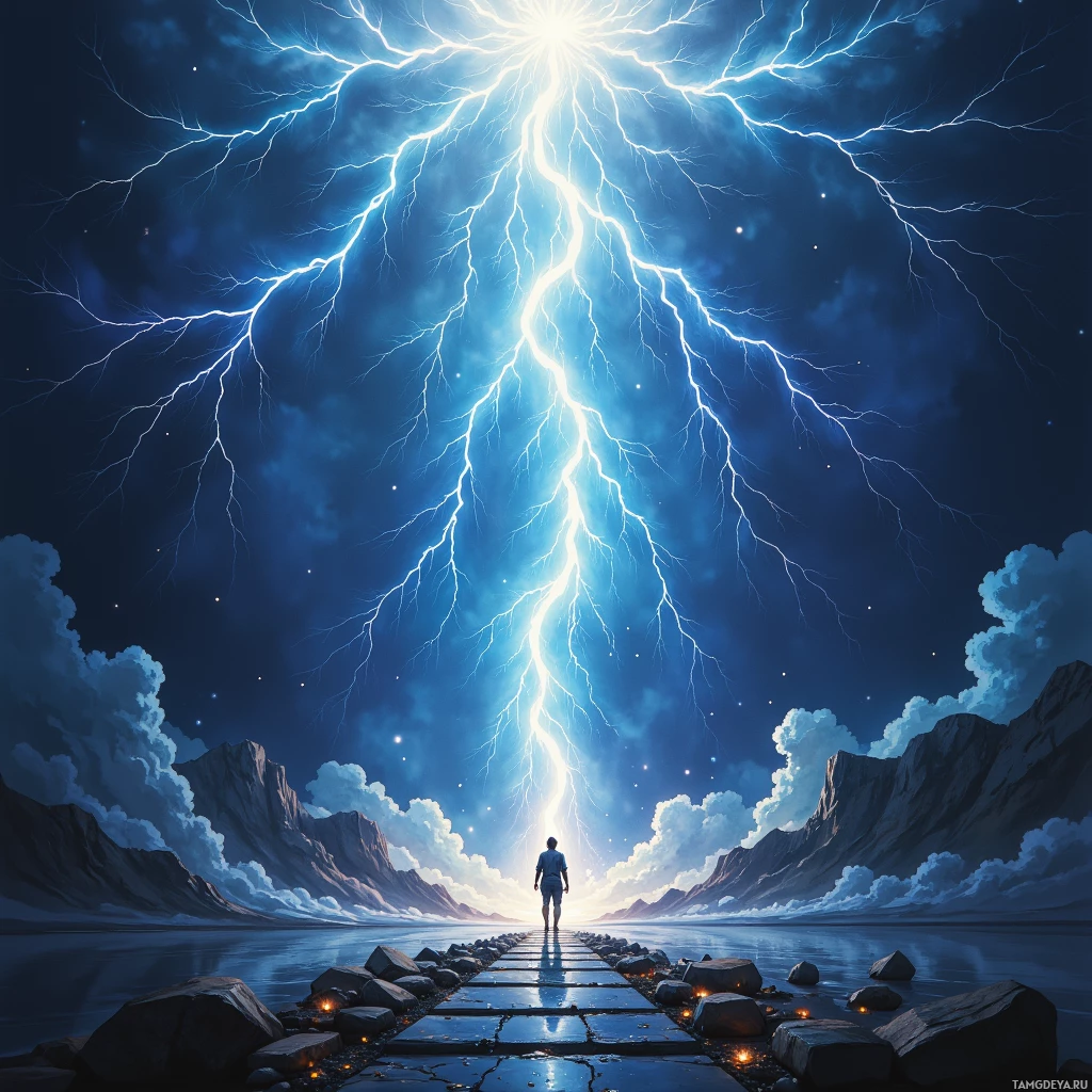 A lone figure stands at the end of a stone path leading towards a bright lightning bolt in a night sky over mountains and water.