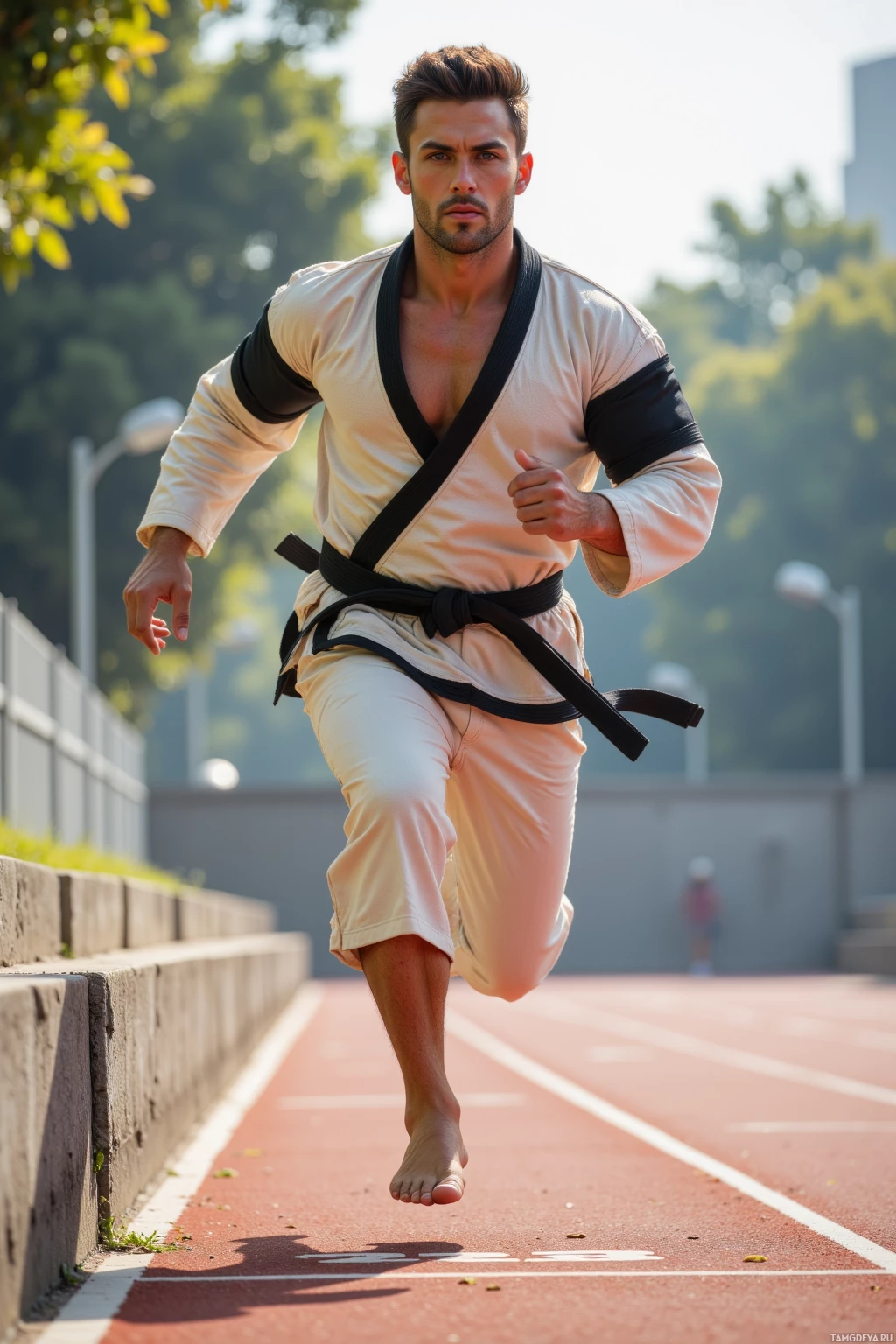 A person in a martial arts uniform is running on a track.