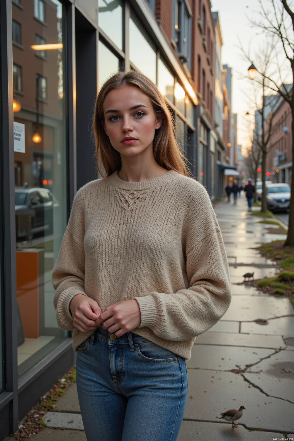 A person stands on a sidewalk in an urban setting wearing a beige sweater and blue jeans.