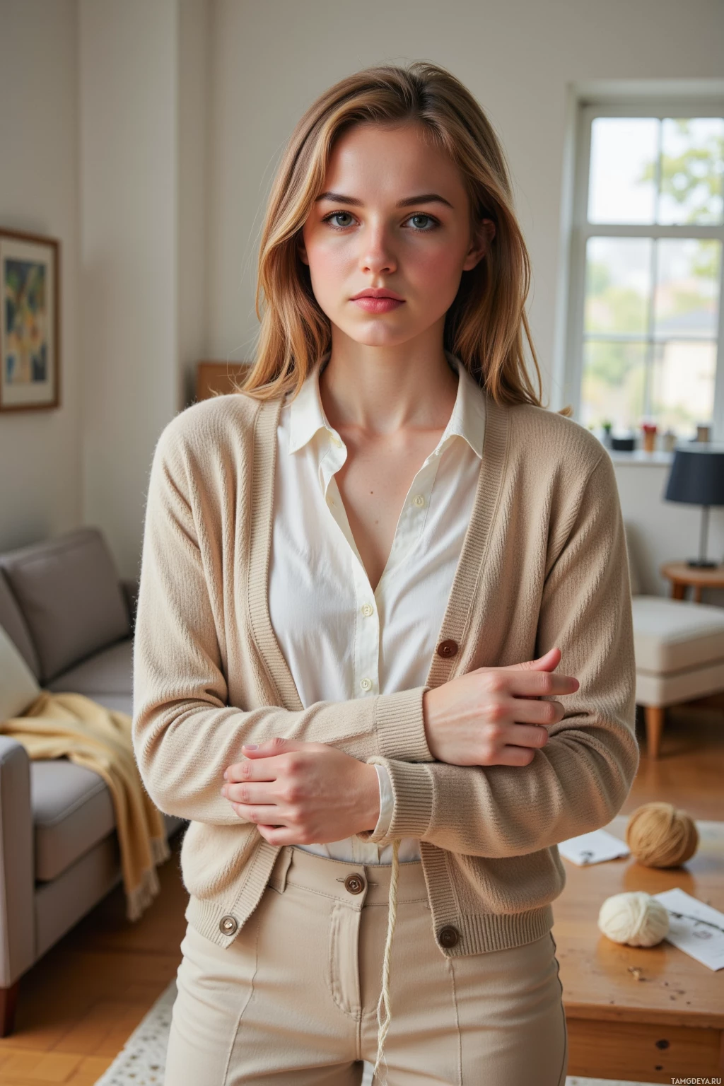 A person stands indoors wearing a beige cardigan over a white shirt and beige pants, with arms crossed in front.