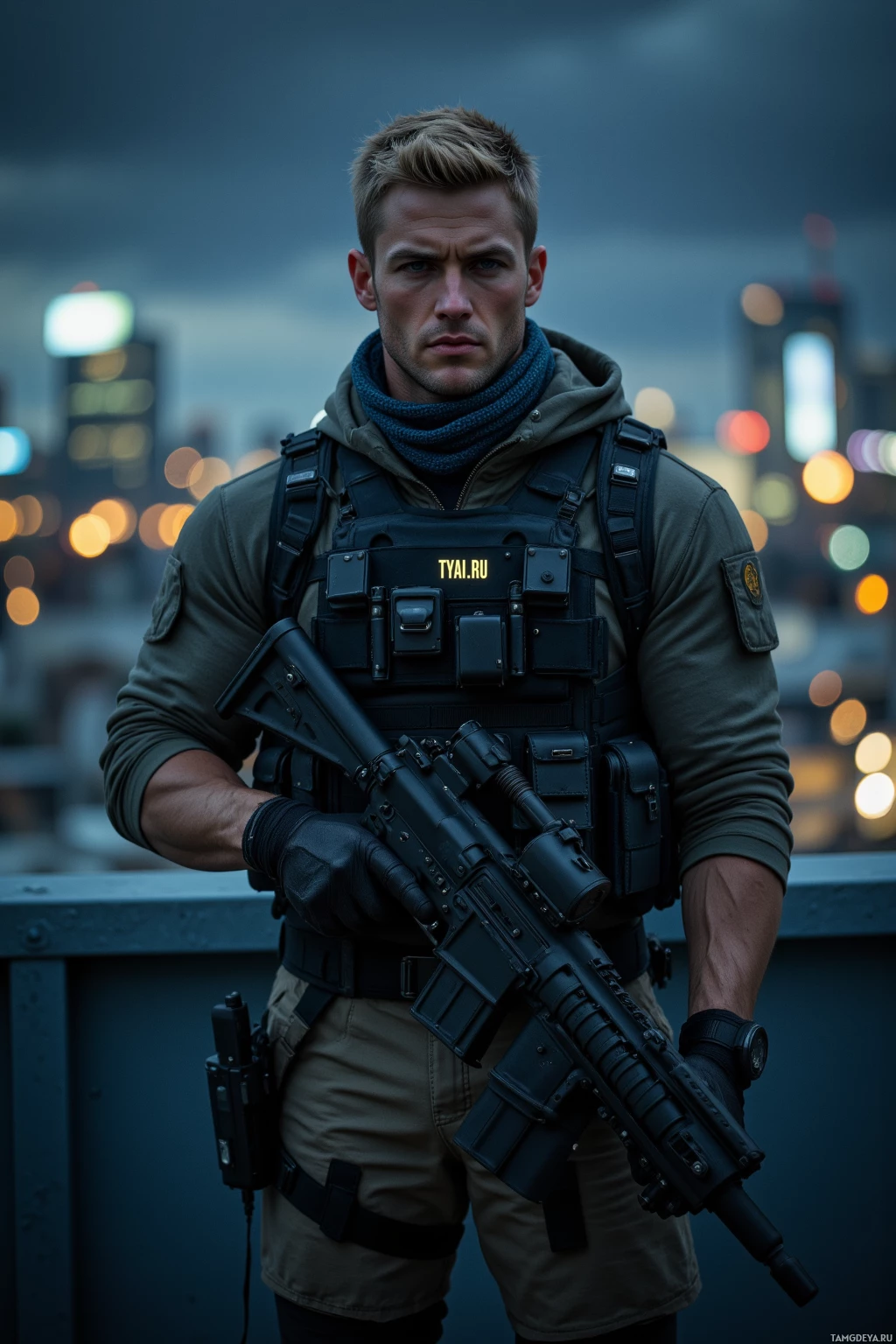A person in tactical gear holds a rifle, standing against a cityscape backdrop.