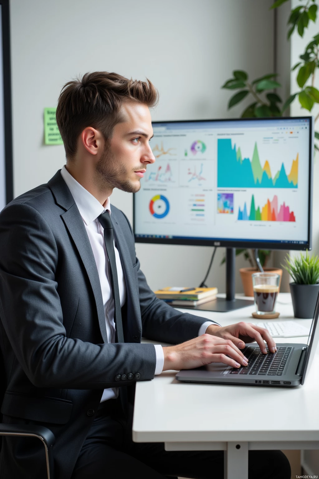A man in formal attire is working at his desk with a laptop and computer displaying colorful charts and graphs.
