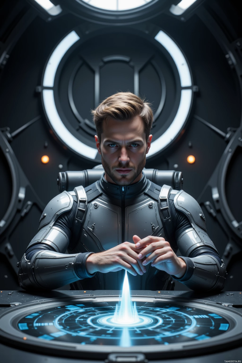 A person in futuristic armor stands in a high-tech environment with glowing elements.