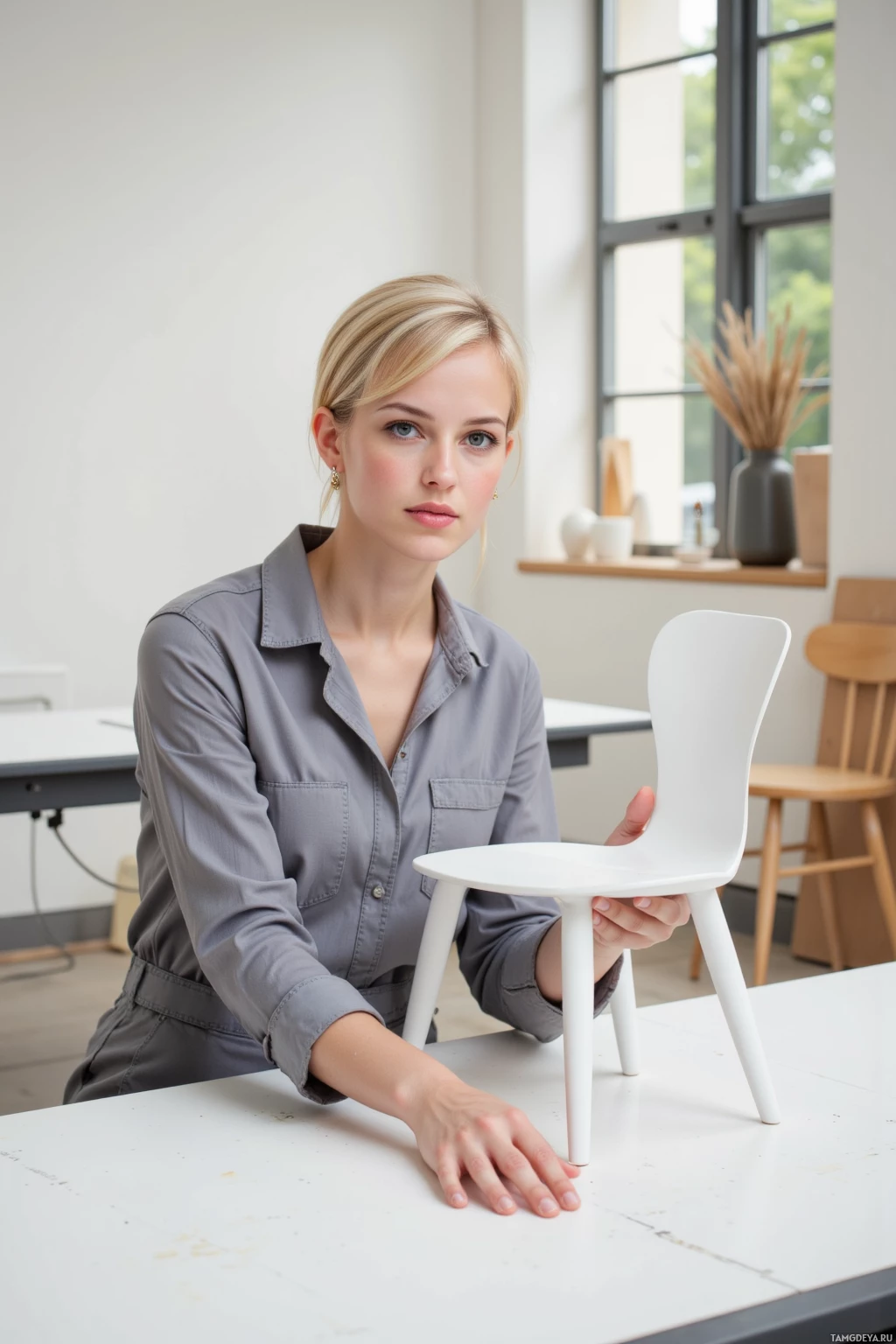 A person in a gray shirt holds a white chair on a table in a well-lit room.