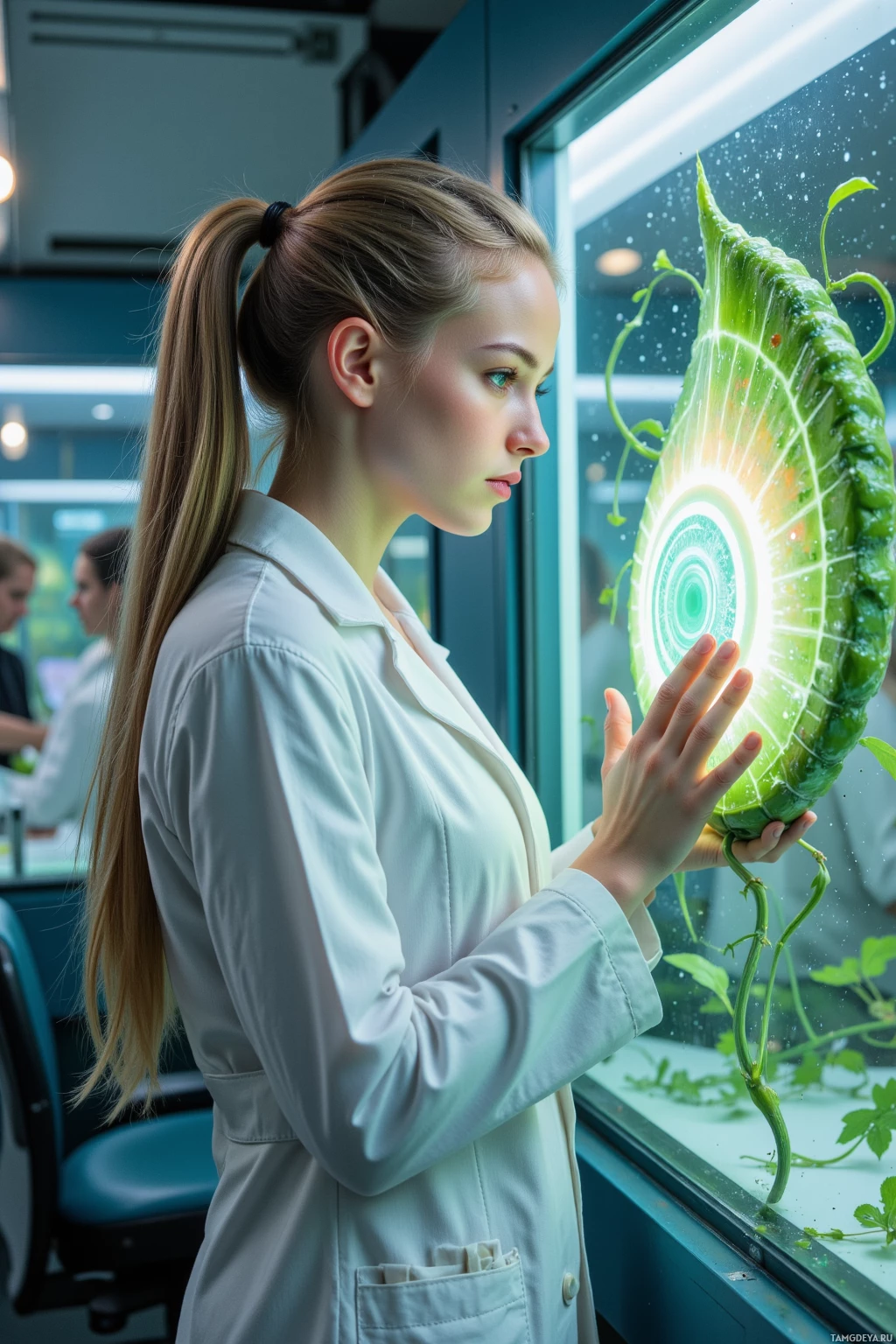 A scientist examines a glowing, futuristic plant in a laboratory setting.