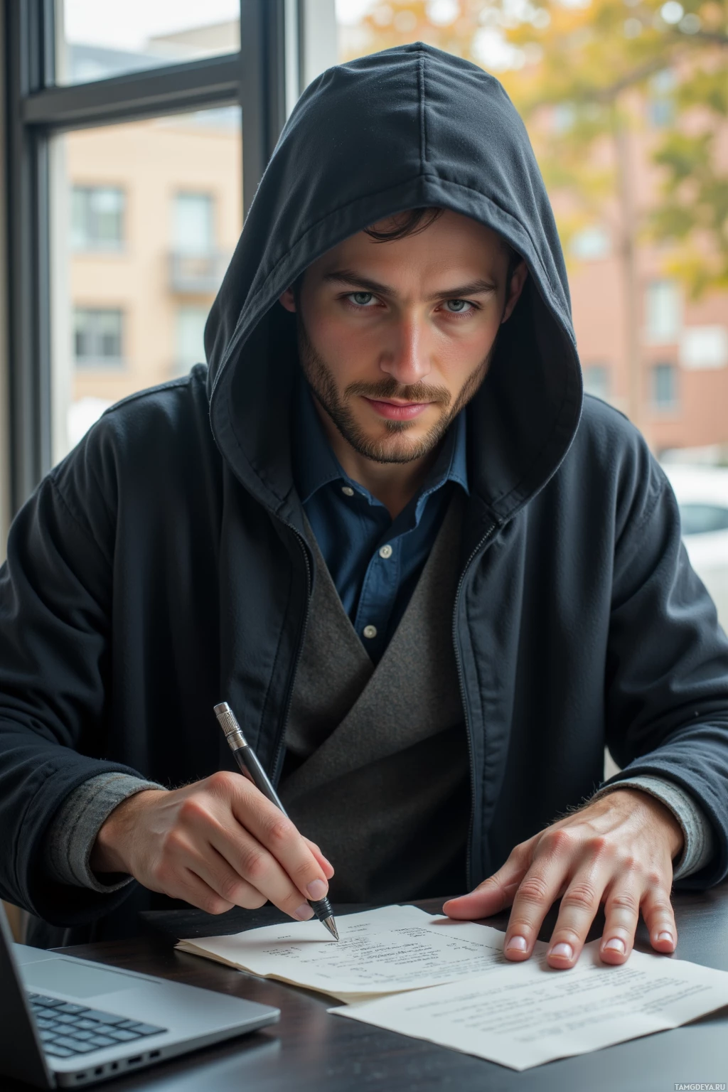 A person wearing a hooded jacket sits at a desk, writing on paper with a pen.
